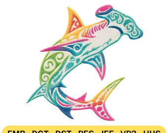 Archivo de bordado de tiburón martillo, diseño colorido de animal marino tribal tropical, patrón de puntada a máquina