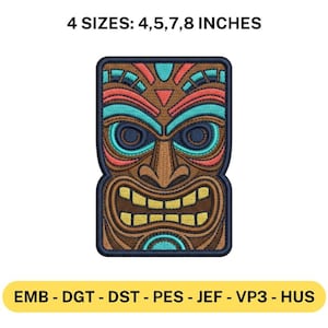 Plik do haftu maszynowego Tiki Mask Tribal Hawajski Polinezyjski Twarz Tropikalny Styl Naszywki Wyrazisty Wzór Wiele Rozmiarów Emblemat Vp3 PES Dst