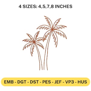 Op de afbeelding: Een bruine lijntekening van twee palmbomen op een witte achtergrond. De tekst bovenaan luidt "4 MATEN: 10, 12.7, 17.8, 20.3 cm". Onder de palmbomen staat een gele banner met de tekst "EMB - DGT - DST - PES - JEF - VP3 - HUS".