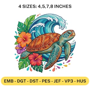 Könnte beinhalten: Bunte Illustration einer Meeresschildkröte mit braunem Panzer und türkisfarbener Haut, umgeben von einer blauen Welle, tropischen Blumen und grünen Blättern. Der Text lautet "4 GRÖSSEN: 10, 12.7, 17.8, 20.3 cm".