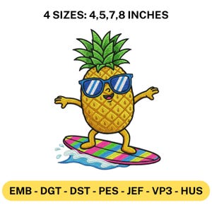 Puede incluir: Una piña de dibujos animados con gafas de sol surfeando en una tabla de surf colorida. La imagen incluye el texto "4 TAMAÑOS: 10,16, 12,7, 17,78, 20,32 cm" y abreviaturas de tipo de archivo. La piña es amarilla con la parte superior verde.