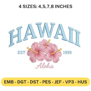 Può includere: Un design con la parola "HAWAII" in azzurro, arcuata sopra tre fiori di ibisco rosa. Sotto, la parola "Aloha" è scritta in corsivo. È presente anche il testo "EST 1959". Il design è disponibile in 4 misure: 10,16, 12,7, 17,78 e 20,32 cm.
