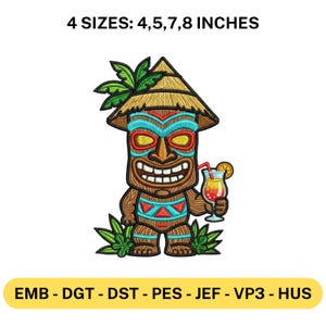 May include: Embroidered tiki design with a straw hat, holding a cocktail. The design includes the text "4 SIZES: 4,5,7,8 INCHES" and file formats. The tiki has a smiling face and is surrounded by green leaves.
