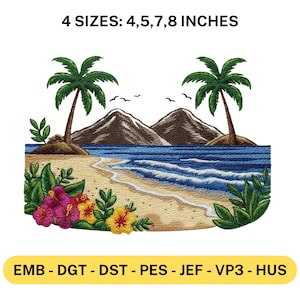 Tropisk ö strand broderimal palmträd hav berg hibiskus kustlandskap stygndesign flera storlekar Emb Vp3 Pes Dgt Dst