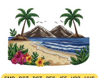 May include: An embroidery design featuring a tropical beach scene with two palm trees, mountains, and ocean waves. The foreground includes pink and yellow hibiscus flowers. Text reads: 4 SIZES: 4,5,7,8 INCHES and EMB - DGT - DST - PES - JEF - VP3 - HUS.