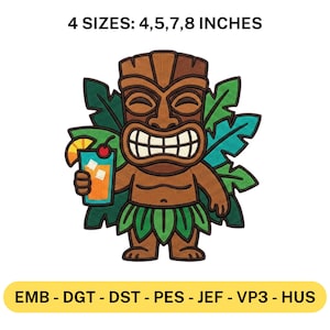 Puede incluir: Diseño tiki bordado en marrón, verde y azul, sosteniendo un cóctel con una cereza y una rodaja de naranja. El diseño está rodeado de hojas verdes y está disponible en 4 tamaños: 10,16, 12,7, 17,78 y 20,32 cm.