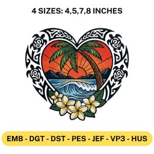 Może przedstawiać: Tropikalny wzór z ramką w kształcie serca, palmą, falami oceanu i zachodem słońca. Projekt zawiera tekst "4 ROZMIARY: 10, 12.7, 17.8, 20.3 cm". Projekt zawiera również tekst "EMB - DGT - DST - PES - JEF - VP3 - HUS".