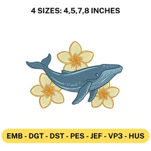 Archivo de bordado a máquina de ballena jorobada y plumeria. Diseño de flor tropical de animal marino. Varios tamaños. Emb Vp3 Pes Dst