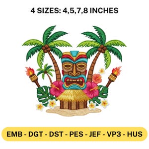 May include: A colorful embroidery design featuring a tiki mask with palm trees, torches, and tropical flowers. The design includes the text "4 SIZES: 4,5,7,8 INCHES" and is suitable for various embroidery machines.