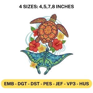 Sea Turtle Stingray Embroidery File Tropical Ocean Floral Design Marine Animal Pattern Summer Beach Machine Stitch Gift