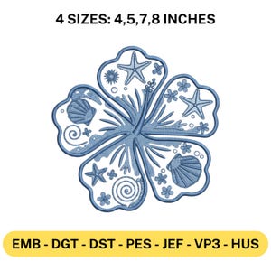 Puede incluir: Diseño de bordado de flor de hibisco azul con estrellas de mar, conchas marinas y detalles florales. Disponible en cuatro tamaños: 10,16, 12,7, 17,78 y 20,32 cm. Los formatos de archivo son: EMB, DGT, DST, PES, JEF, VP3 y HUS.
