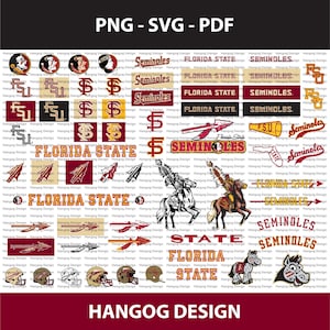 May include: A collection of Florida State Seminoles logos and graphics in maroon, gold, and white. Includes team logos, text, and illustrations, perfect for digital design projects. The text "PNG - SVG - PDF" is at the top.