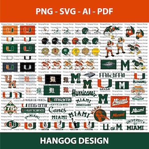 Puede incluir: Un collage de gráficos y logotipos con el tema de los Huracanes de Miami en verde, naranja y blanco. Incluye diseños de cascos, logotipos del equipo y el texto "Miami Hurricanes" y "Hangog Design".