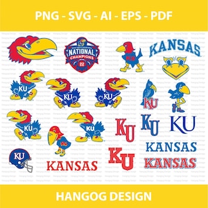 Puede incluir: Una colección de gráficos con el tema de los Kansas Jayhawks en rojo, azul y amarillo. Los diseños incluyen la mascota Jayhawk, la palabra "KANSAS" y las letras "KU". La imagen también presenta el texto "PNG - SVG - AI - EPS - PDF" y "HANGOG DESIGN".