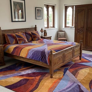 Tappeto astratto a onde multicolore vibranti per soggiorno, arte moderna viola e arancione, tappeto in lana trapuntato a mano, tappeto audace, arredamento contemporaneo per la casa