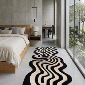 Modern Abstract Runner Rug, Wavy Black and White Hallway Carpet, Organic Shape Contemporary Area Rug, Custom Size  any size made to order