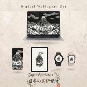 May include: A digital wallpaper set featuring a black and white mountain landscape design. The set includes a laptop, smartphone, tablet, and two smartwatches, all displaying the same artwork. The text "Digital Wallpaper Set" and "Japan Aesthetics Lab" are visible.