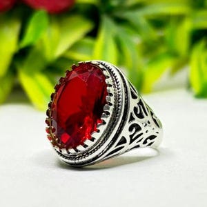 Men's Ruby Red Statement Ring, 925 Sterling Silver Ring, Oval Red Gemstone Ring, Vintage Style Ring, Handmade Jewelry Gift for Him