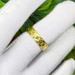 Handmade 925 Sterling Silver Gold Plated Floral Band Ring | Vintage Engraved Flower Ring | Minimalist Stackable Wedding Band |  Jewelry Gift