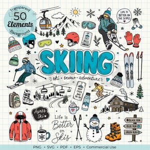 May include: A collection of 50 hand-drawn skiing elements on a grid background, including skiers, a ski lift, mountains, a cabin, snow gear, and text like SKIING, Life is better on the slopes, Keep calm and ski on, Après Ski, and Life is Better on Skis.