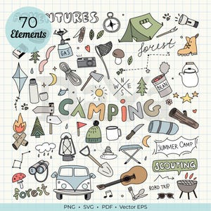 May include: A hand-drawn illustration with camping-themed elements. Includes a tent, campfire, compass, and a vintage camper van. The word "CAMPING" is prominently displayed, along with the text "ADVENTURES", "SUMMER CAMP", and "SCOUTING".