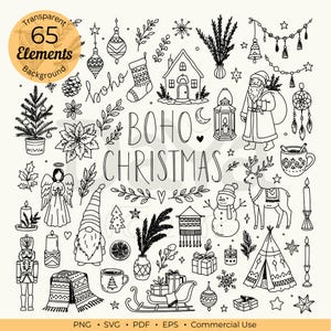 Puede incluir: Una colección de 65 ilustraciones de arte lineal en blanco y negro con temas navideños que incluyen a Santa Claus, reno, muñeco de nieve, cascanueces, ángel, adornos, regalos, velas, una casa y el texto BOHO CHRISTMAS y boho.