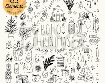May include: A collection of 65 black and white line art illustrations featuring Christmas themes, including a Santa Claus, reindeer, snowman, nutcracker, angel, gifts, ornaments, and a house, with the text BOHO CHRISTMAS in the center.