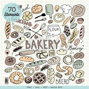 Könnte beinhalten: Handgezeichnete Illustration mit verschiedenen Backelementen. Das Design umfasst Brot, Gebäck und Backutensilien, mit dem Wort "BAKERY" prominent dargestellt. Das Bild hat eine Vintage-Ästhetik mit kariertem Hintergrund und dem Text "70 Elements".