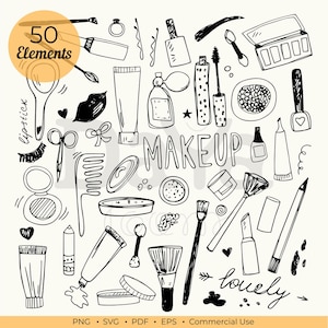Puede incluir: Ilustración en blanco y negro de varios artículos de maquillaje, incluyendo pintalabios, máscaras de pestañas, brochas y paletas de sombras de ojos. La palabra "MAKEUP" se muestra de forma destacada, junto con el texto "50 Elements" en un círculo amarillo.