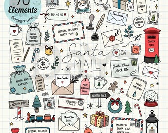 May include: A collection of 70 hand-drawn Christmas-themed digital elements including envelopes, gift boxes, stamps, a red mailbox, a train, and holiday labels. The graphics feature festive icons like Santa, trees, and candy canes on a grid background.