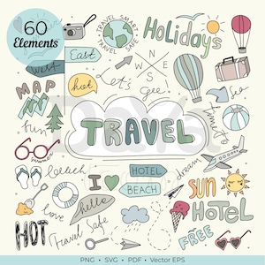 May include: A whimsical illustration with travel-themed doodles. Includes a hot air balloon, suitcase, airplane, and the word "TRAVEL" in large letters. Other elements include a camera, compass, and the words "Holidays" and "Hotel".