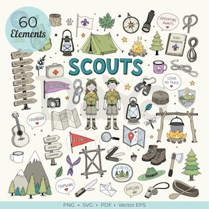 Peut inclure: Un ensemble de 60 illustrations dessinées à la main sur le thème du scoutisme, incluant une tente, un feu de camp, une boussole, une carte, une guitare, des jumelles, une hache, un canoë et deux scouts. Divers équipements de camping et textes.