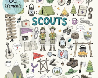 May include: A collection of 60 hand-drawn illustrations featuring camping and scouting themes, including a tent, campfire, scout figures, compass, map, guitar, axe, binoculars, and various signs with text like SCOUTS, CAMP LIFE, and ADVENTURE AWAITS.
