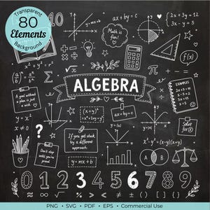 Op de afbeelding: Een digitale collectie van 80 handgetekende algebra-elementen in het wit op een zwarte schoolbordachtergrond. Bevat wiskundige vergelijkingen, grafieken, cijfers nul tot negen, een rekenmachine, een liniaal en motiverende tekstnotities.