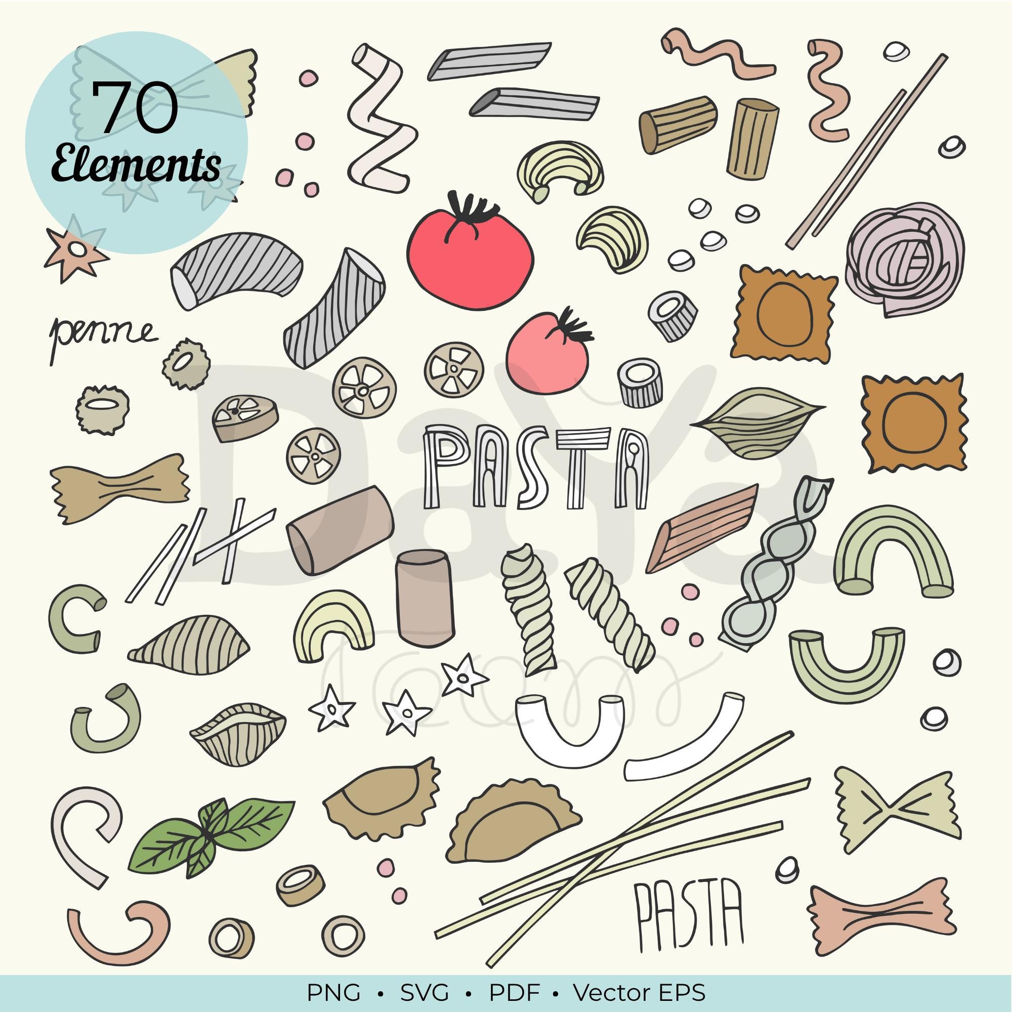 Basic Pasta Svg Pasta Clipart Bundle PNG SVG, Hand Drawn Doodle Food Illustration ...