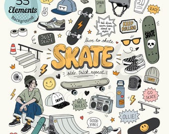 May include: A collection of 55 hand-drawn skate-themed illustrations including skateboards, a helmet, sneakers, a boombox, a water bottle, a ramp, and a person sitting. Text elements include SKATE, KEEP ROLLING, NO RULES, and OLLIE.