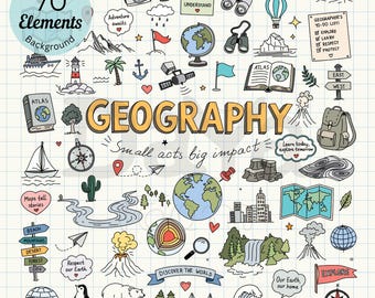 May include: A collection of 70 hand-drawn geography-themed illustrations on a grid background. Features include a globe, compass, mountains, ships, animals, and the text GEOGRAPHY, Small acts big impact, and Geographer's to-do list.