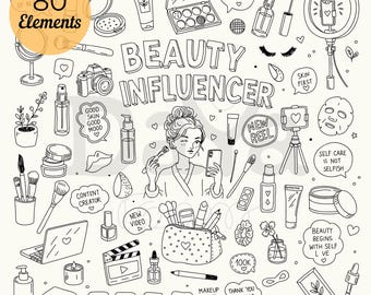 May include: A collection of 80 black and white line art illustrations featuring beauty influencer themes, including makeup products, skincare items, cameras, ring lights, laptops, and speech bubbles with text like Beauty Influencer and New Reel.