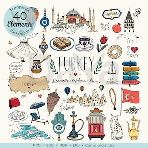 Peut inclure: Un ensemble d'illustrations numériques comprenant 40 éléments dessinés à la main sur le thème de la Turquie, incluant Sainte-Sophie, la tour de Galata, un derviche tourneur, du café turc, des baklavas, un kebab, un chat et le drapeau national.