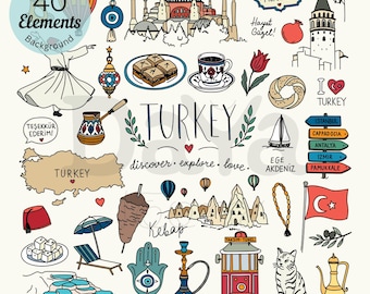 May include: A digital illustration set featuring 40 hand-drawn elements related to Turkey, including the Hagia Sophia, Galata Tower, a whirling dervish, Turkish coffee, baklava, a kebab, a cat, the national flag, and various landmarks.