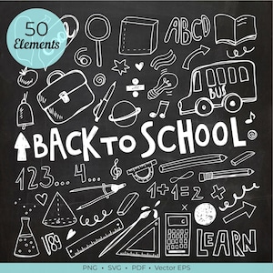 Puede incluir: Una colección de 50 garabatos blancos dibujados a mano con temática escolar sobre un fondo de pizarra negra. El conjunto incluye un autobús escolar, maletín, calculadora, regla, transportador, compás, lápiz, vaso de precipitados y el texto BACK TO SCHOOL y LEARN.
