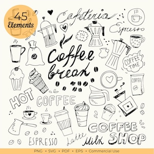 Op de afbeelding: Een zwart-wit doodle-illustratie met koffiegerelateerde elementen. Bevat koffiekopjes, koffiebonen, koffiepotten en de woorden "Coffee Break", "Espresso" en "Coffee Shop". De tekst "45 Elements" is ook aanwezig.