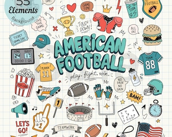 May include: A collection of 55 hand-drawn American football themed digital elements including a stadium, helmet, jersey, trophy, popcorn, burger, whistle, and the text "AMERICAN FOOTBALL" with "heart. hustle. glory." and "play. fight. win."