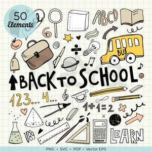 May include: A collection of hand-drawn school-themed illustrations on a grid background, featuring a yellow bus, a brown briefcase, a calculator, rulers, pencils, a compass, a beaker, and the text "50 Elements", "BACK TO SCHOOL", and "LEARN".