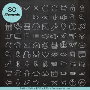 May include: A collection of 80 white line art icons on a dark background. Icons include a calendar, shopping cart, headphones, and cloud. A teal circle with the text "80 Elements" is in the upper left corner. The image is labeled "PNG, SVG, PDF, EPS, Commercial Use."