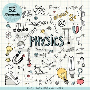 Puede incluir: Ilustración dibujada a mano sobre papel cuadriculado con conceptos de física y ciencia. La palabra "PHYSICS" se muestra de forma destacada, rodeada de diagramas de átomos, bombillas y ecuaciones. También está presente el texto "52 Elements" y "Science".