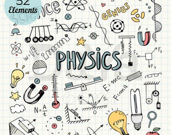May include: A collection of 52 hand-drawn physics-themed illustrations on a grid background, featuring the word PHYSICS in the center, along with light bulbs, magnets, atoms, formulas like E=mc2, a thermometer, and various scientific diagrams.