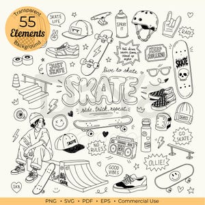 Peut inclure: Une collection de 55 illustrations au trait noir et blanc comprenant des skateboards, une personne assise sur une rampe, des baskets, des casques, des casquettes, un ghetto-blaster et des bulles de texte avec SKATE, KEEP ROLLING et NO RULES.