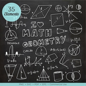 Pode incluir: Fundo de quadro negro com desenhos a traço branco de formas geométricas, fórmulas e as palavras "I Love Math Geometry". Inclui um círculo com "35 Elements" e as palavras "Triangle" e "Circle".