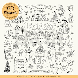 May include: A collection of black and white line art illustrations featuring forest education themes. Elements include children exploring, a campfire, a tent, wildlife, nature journals, binoculars, and signs with text like Forest Education.